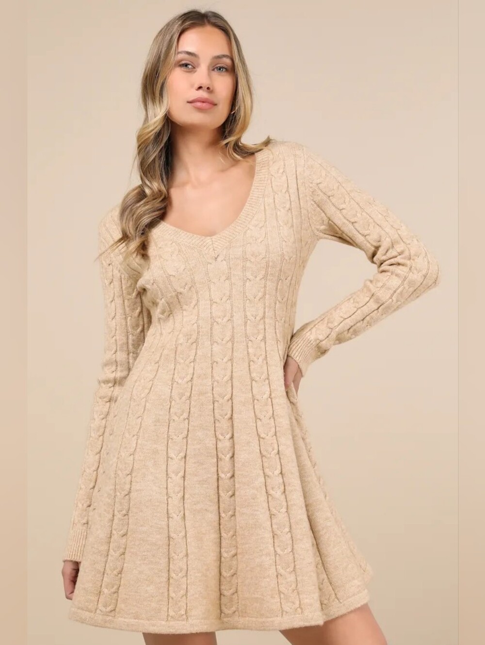 Lulu's Cream Cable-Knit V-Neck Swing Dress